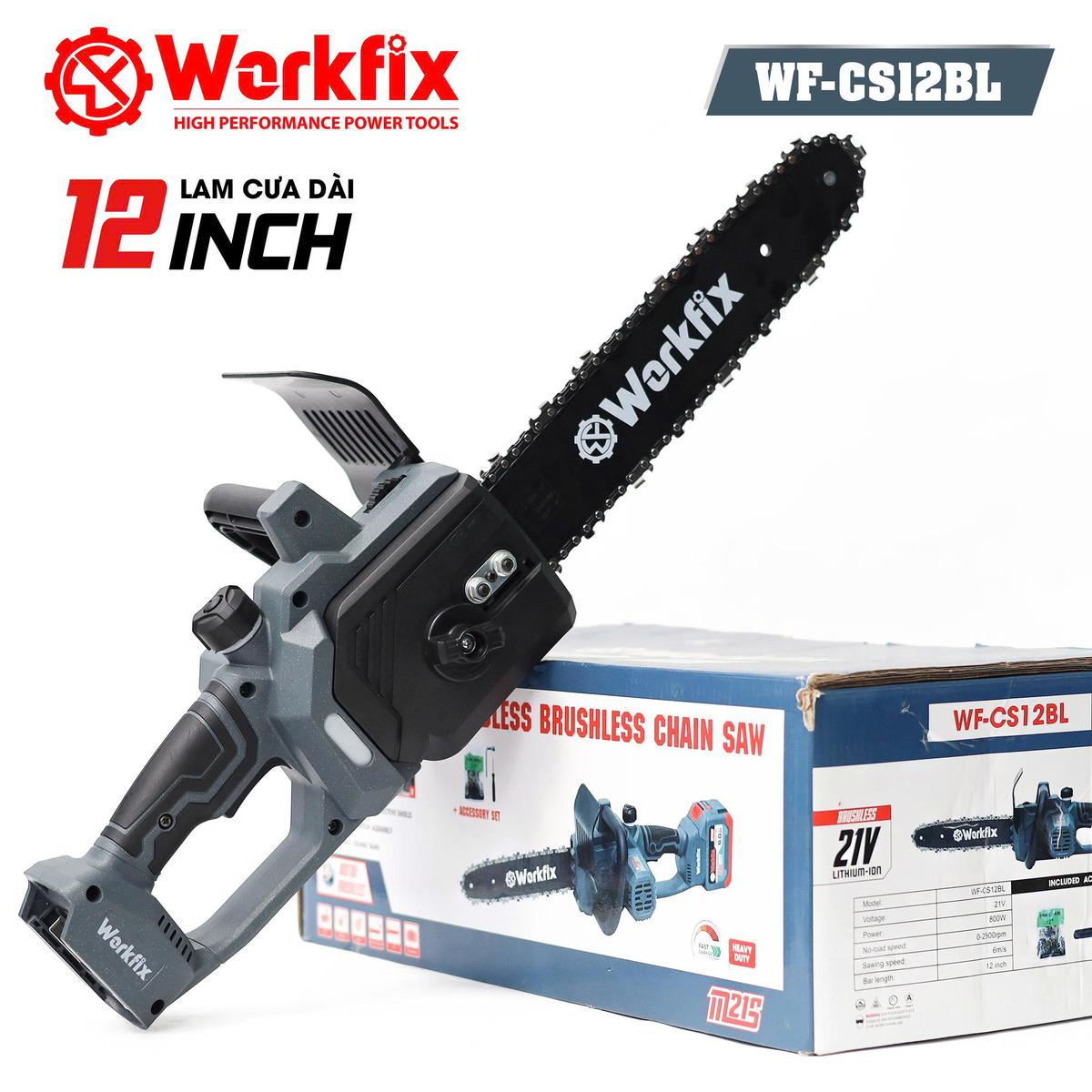 Máy cưa pin Workfix WF-CS1202BL, lam dài 12 inch, bơm nhớt tự động, chống khởi động lại, khởi động mềm, công tắc kép an toàn