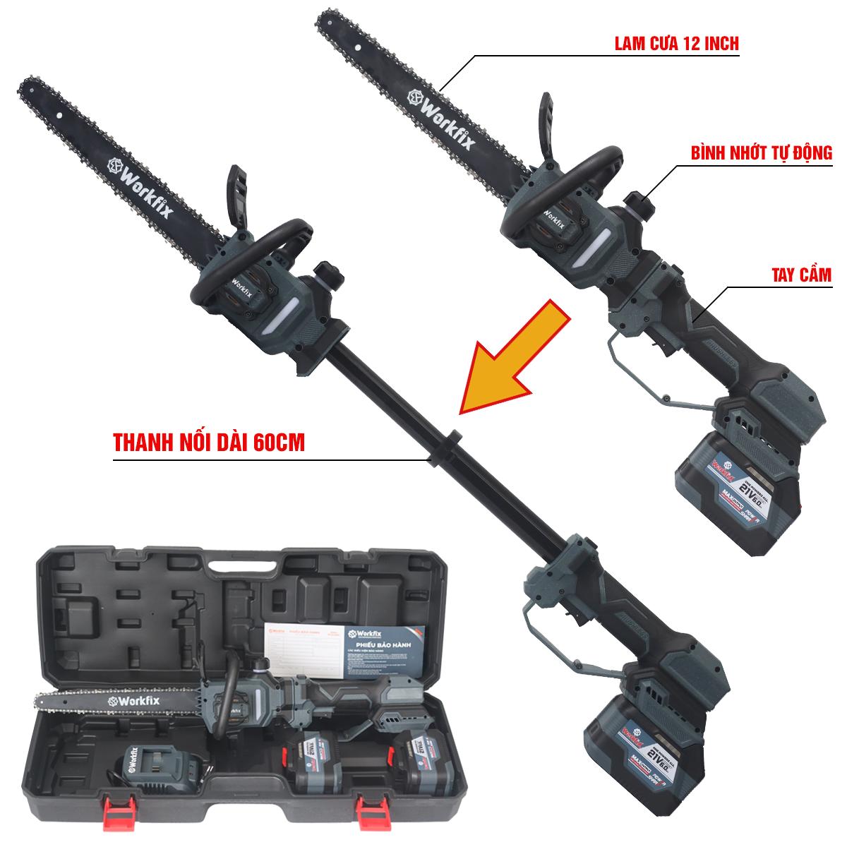 Máy cưa Workfix WF-CS12PROMAX, lam dài 12 inch, chạy pin, có bơm nhớt tự động, tích hợp cần nối dài 60cm