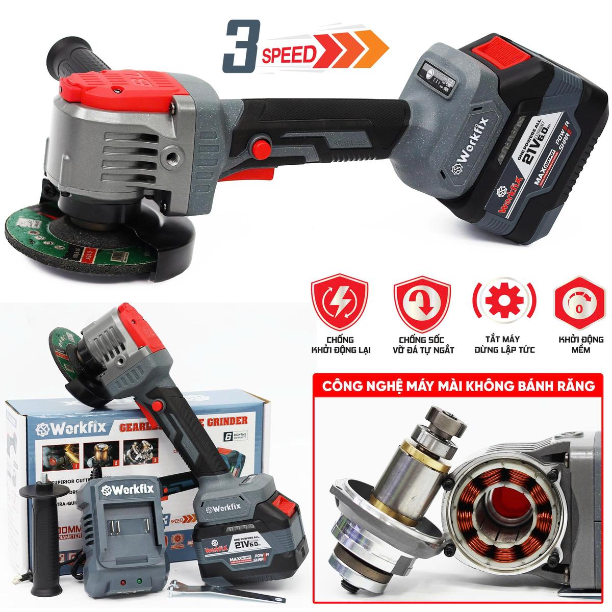 Máy mài pin Workfix WF-AG11000G, chống lật cổ tay, trục M10 công tắc bóp, động cơ không bánh răng